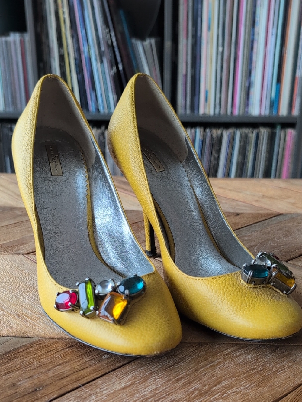 Report Signature Yellow Leather Jeweled Pumps